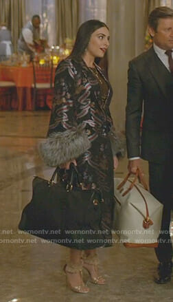 Cristal’s black printed fur cuff coat on Dynasty