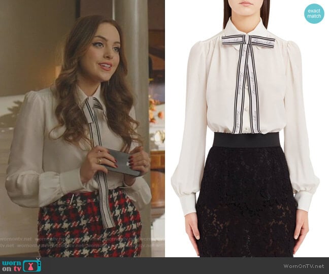Dolce & Gabbana Bow Neck Silk Crêpe de Chine Blouse worn by Fallon Carrington (Elizabeth Gillies) on Dynasty