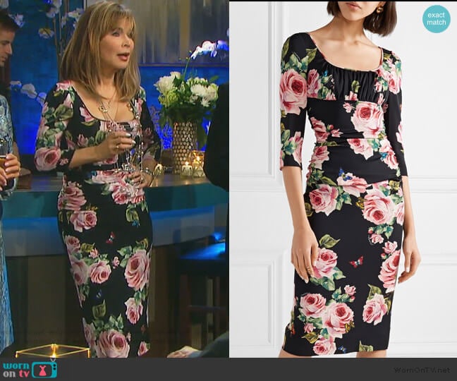 Dolce & Gabbana Ruched floral-print stretch-silk charmeuse midi dress worn by Kate Roberts (Lauren Koslow) on Days of our Lives