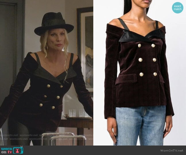 Faith Connexion Off-The-Shoulder Blazer Top worn by Alexis Carrington (Elaine Hendrix) on Dynasty