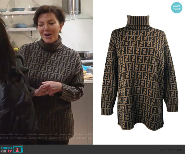 Fendi Zucca Logo Monogram Print Turtleneck Sweater worn by Kris Jenner on Keeping Up with the Kardashians