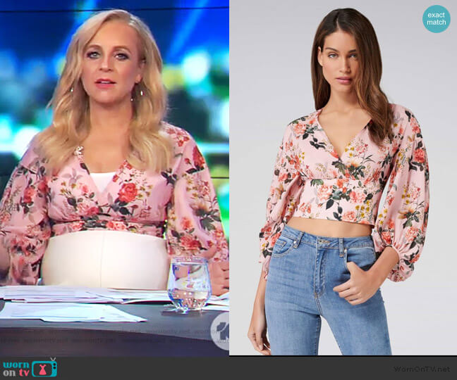 Forever New Rime Vera Wrap Balloon Sleeve Crop Top worn by Carrie Bickmore on The Project