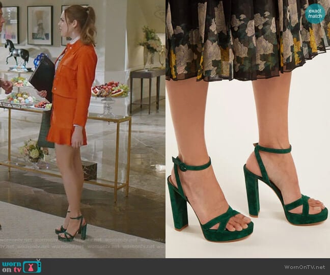 Gianvito Rossi Poppy Suede Platform Sandals worn by Fallon Carrington (Elizabeth Gillies) on Dynasty