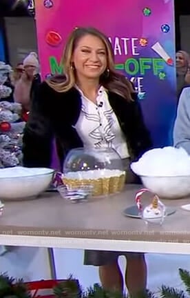 Ginger’s white ruffled blouse and grey skirt on Good Morning America