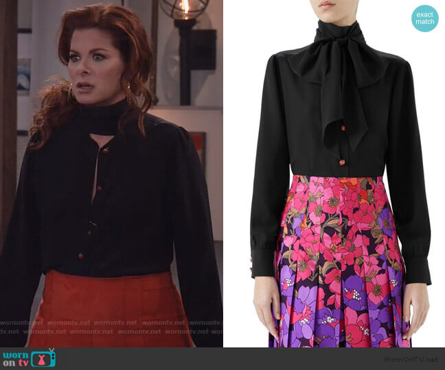 Gucci Long-Sleeve Lady Bug Button Tie-Neck Blouse worn by Grace Adler (Debra Messing) on Will and Grace