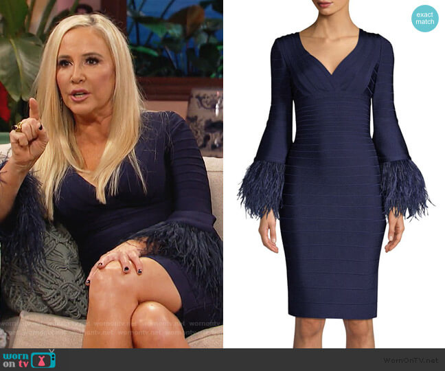 Herve Leger Feather-Trim Bandage Dress worn by Shannon Beador on The Real Housewives of Orange County