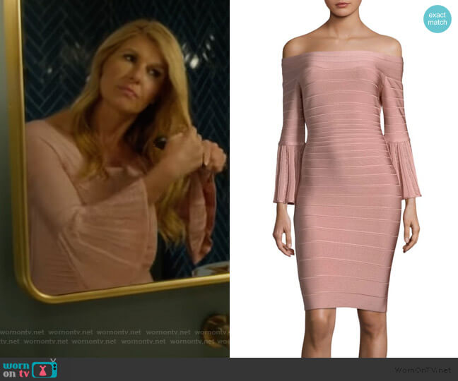 Herve Leger Off-The-Shoulder Bell-Sleeve Cocktail Dress worn by Debra Newell (Connie Britton) on Dirty John