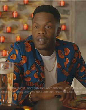 Jeff’s blue and orange printed blazer on Dynasty