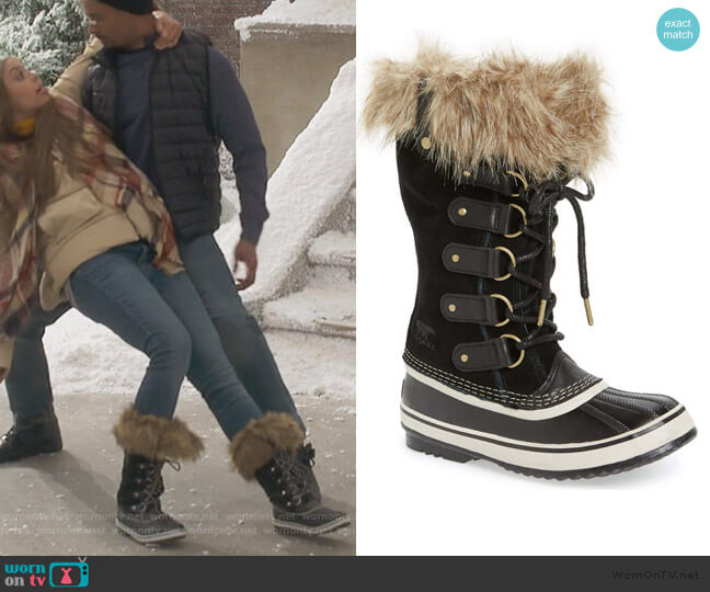 Sorel Clair's black lace up boots with fur trim worn by Claire (Amber Stevens West) on Happy Together