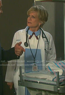 Kayla’s blue and white pleated dress on Days of our Lives