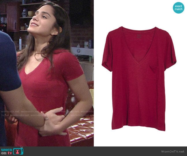 Madewell Whisper Cotton V-Neck Pocket Tee in Deep Carmine worn by Lola Rosales (Sasha Calle) on The Young and the Restless
