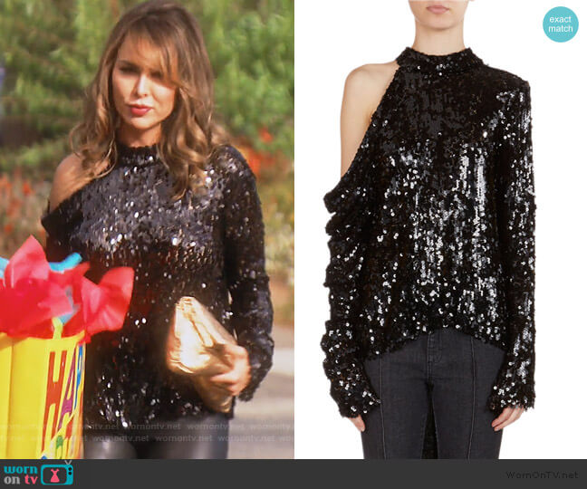 Magda Butrym Oxford Sequined Cold-Shoulder Top worn by Kelly Dodd on The Real Housewives of Orange County