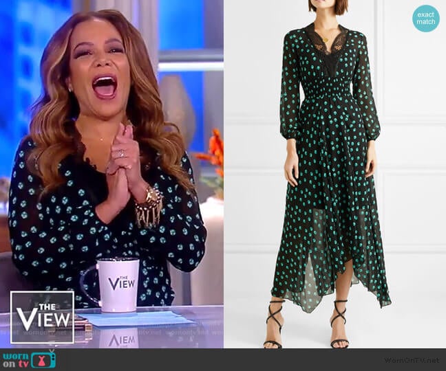 Maje Asymmetric lace-trimmed printed chiffon dress worn by Sunny Hostin on The View