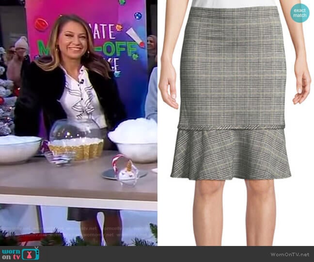Max Studio Check Pattern Knit Flounce Skirt worn by Ginger Zee on Good Morning America