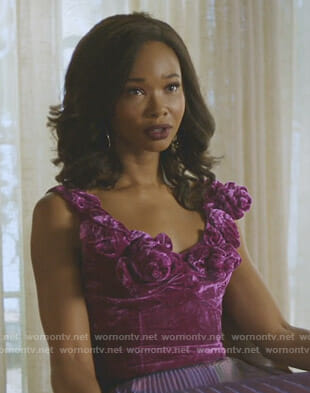 Monica’s purple velvet sleeveless top on Dynasty