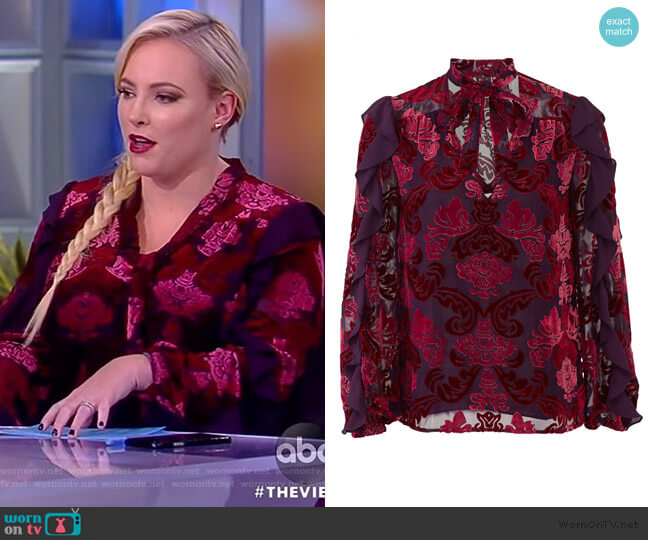 Monique Lhuillier Velvet Ruffle Tie Neck Top worn by Meghan McCain on The View