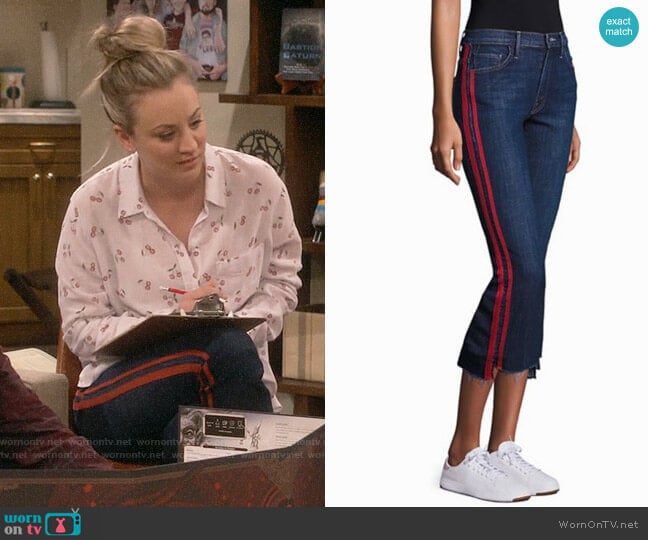 Mother Insider Striped Raw-Edge Jeans worn by Penny Hofstadter (Kaley Cuoco) on The Big Bang Theory