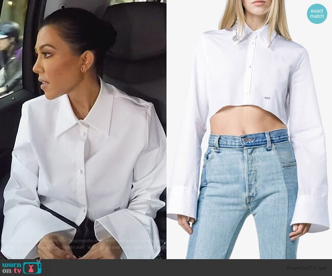 Off White Cropped Button Down Cotton Shirt worn by Kourtney Kardashian on Keeping Up with the Kardashians