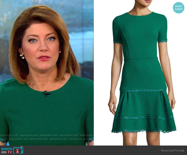 Oscar de la Renta Short-Sleeve Lace-Trim Dress worn by Norah O'Donnell on CBS Mornings