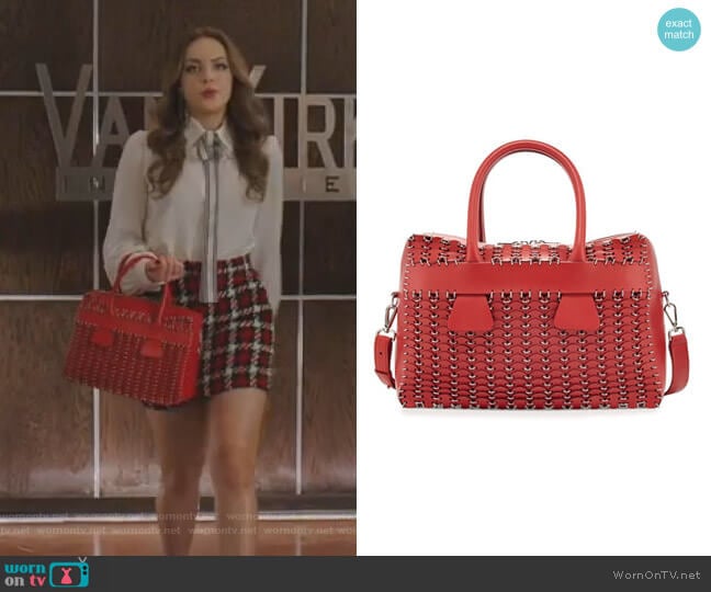 Paco Rabanne Boston Circle-Cut Leather Bag worn by Fallon Carrington (Elizabeth Gillies) on Dynasty