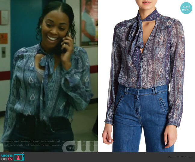 Paige Dion Paisley Silk Necktie Blouse worn by Anissa Pierce (Nafessa Williams) on Black Lightning