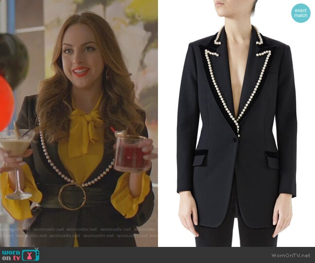 Gucci Peak-Lapel Jacket w Velvet Trim & Pearl-Embroidery worn by Fallon Carrington (Elizabeth Gillies) on Dynasty