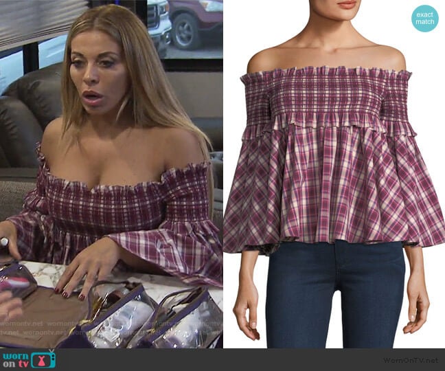 Petersyn Davenport Off-the-Shoulder Smocked Plaid Top worn by Dolores Catania on The Real Housewives of New Jersey