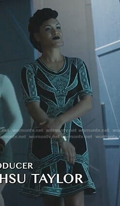 Reeva’s black lace panel dress on The Gifted