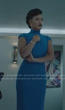 Reeva’s blue cap sleeve sheath dress on The Gifted