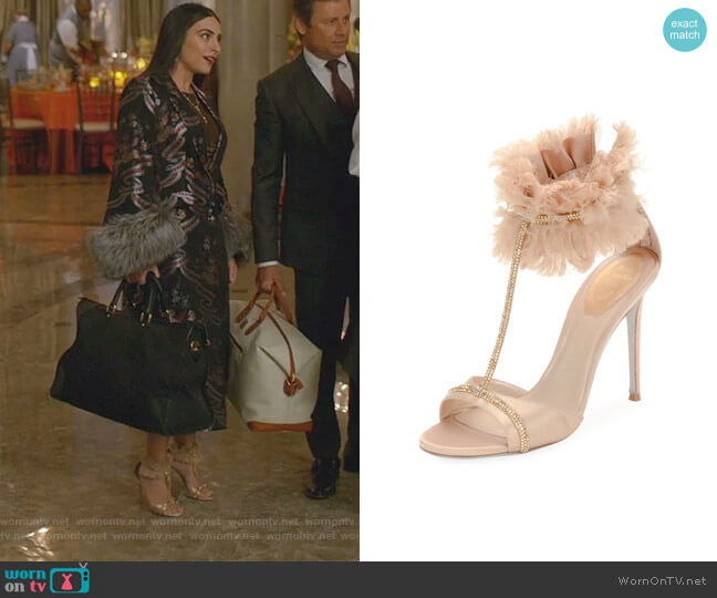 Rene Caovilla T-Strap Sandal with Ankle Cuff worn by Cristal Jennings (Daniella Alonso) on Dynasty