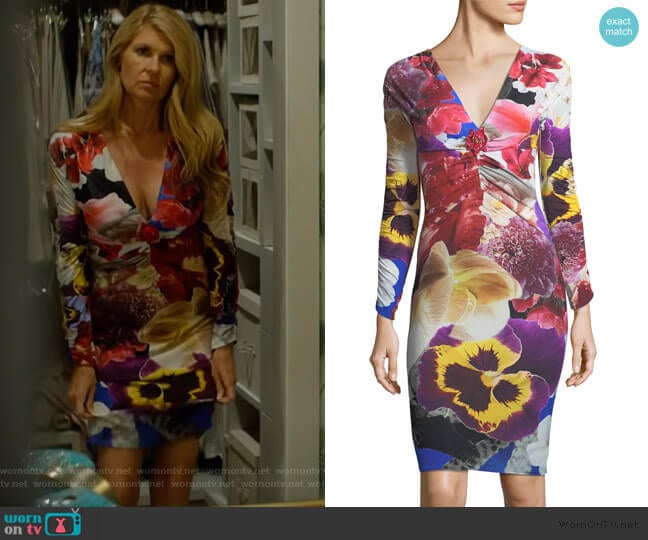 Roberto Cavalli V-Neck Long-Sleeve Fitted Floral-Print Dress worn by Debra Newell (Connie Britton) on Dirty John
