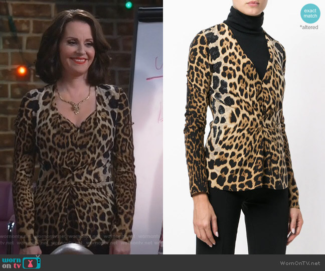 Saint Laurent Leopard Print Gathered Blouse worn by Karen Walker (Megan Mullally) on Will and Grace