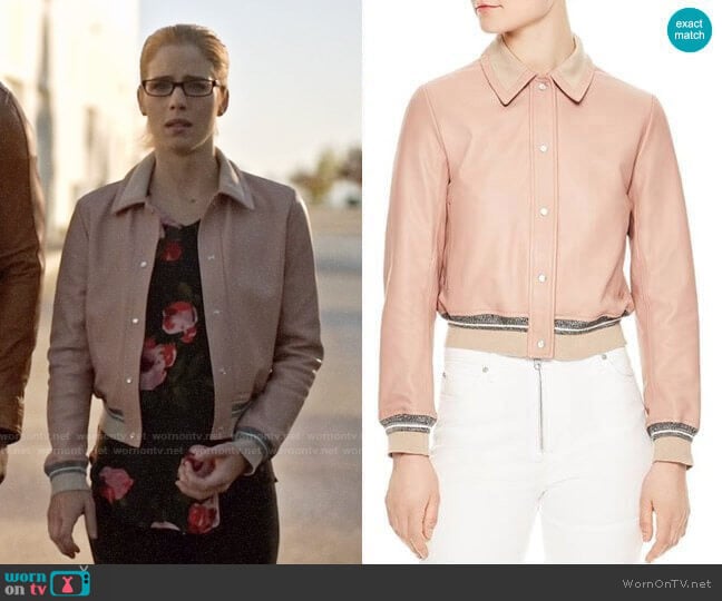 Sandro Biopic Collared Bomber Jacket worn by Felicity Smoak (Emily Bett Rickards) on Arrow