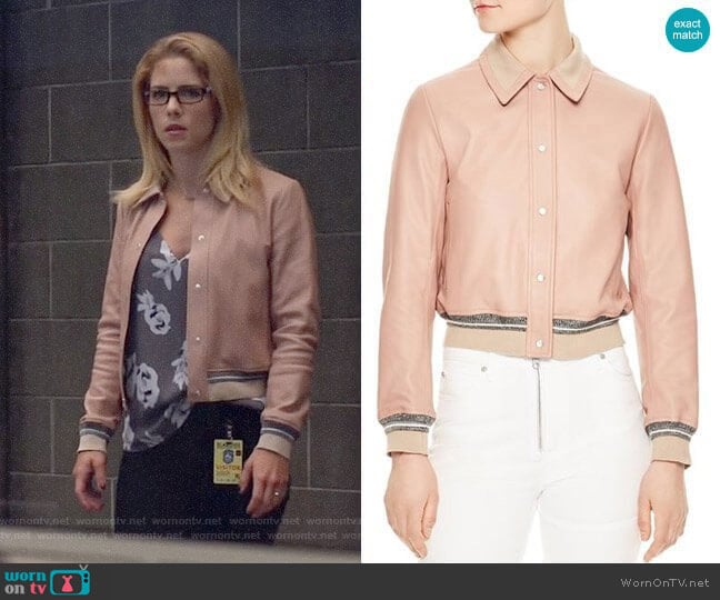 Sandro Biopic Collared Bomber Jacket worn by Felicity Smoak (Emily Bett Rickards) on Arrow