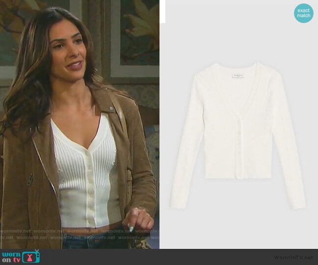 Sandro Knit Cardigan with Inlaid Flowers worn by Gabi Hernandez (Camila Banus) on Days of our Lives