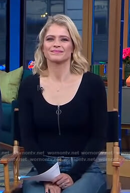 Sara’s black zip front top on GMA Day