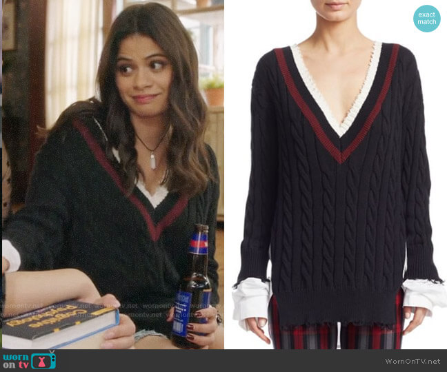 T by Alexander Wang Hybrid Varsity Knit Poplin Sweater worn by Mel Vera (Melonie Diaz) on Charmed