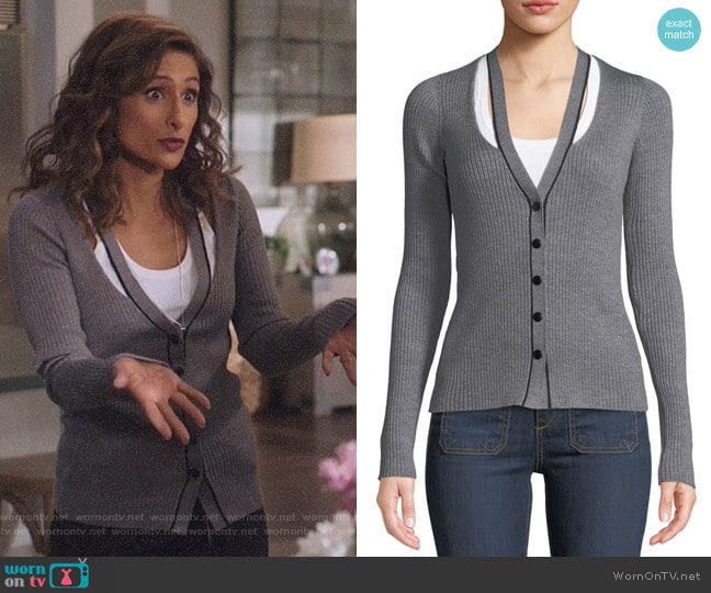 T by Alexander Wang Skinny Ribbed Layered Fitted Cardigan worn by Emet Kamala-Sweetzer (Sarayu Blue) on I Feel Bad
