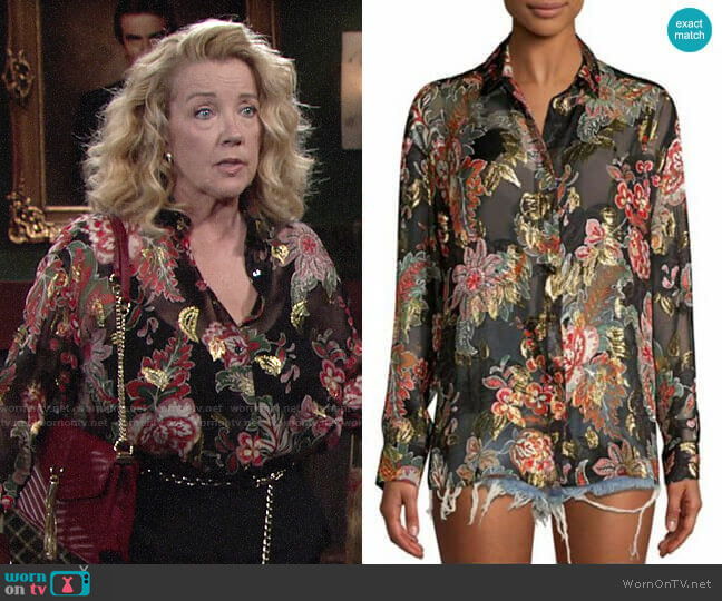 The Kooples Bollywood Metallic Floral Blouse worn by Nikki Reed Newman (Melody Thomas-Scott) on The Young and the Restless