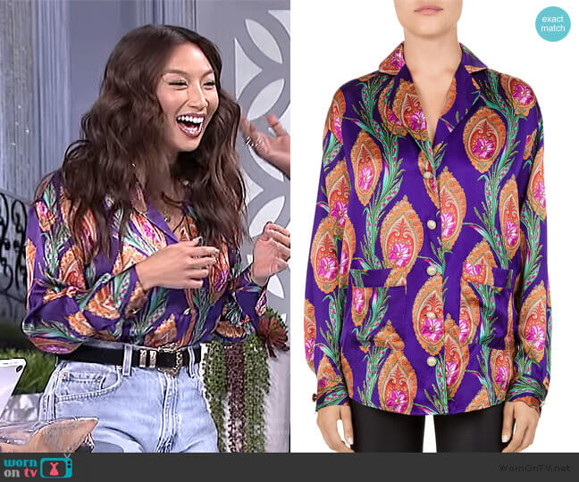The Kooples Hindu Flower Print Silk Shirt worn by Jeannie Mai on The Real