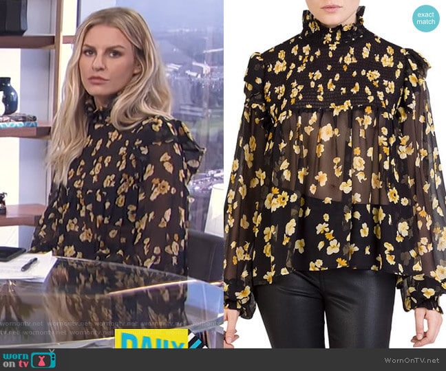 The Kooples Silk Smocked Floral-Print Top worn by Morgan Stewart on E! News