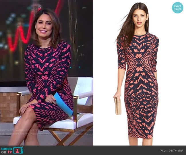 Maggy London Tie Dye Print Crepe Midi Sheath Dress worn by Cecilia Vega on Good Morning America