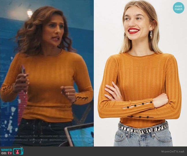 Topshop Ribbed Button Sleeve Top worn by Emet Kamala-Sweetzer (Sarayu Blue) on I Feel Bad