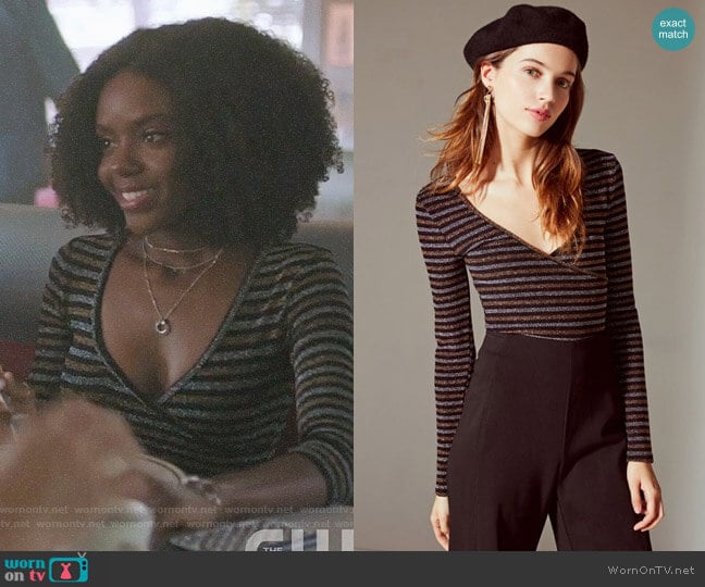 Urban Outfitters Deep V Striped Wrap Top worn by Josie McCoy (Ashleigh Murray) on Riverdale