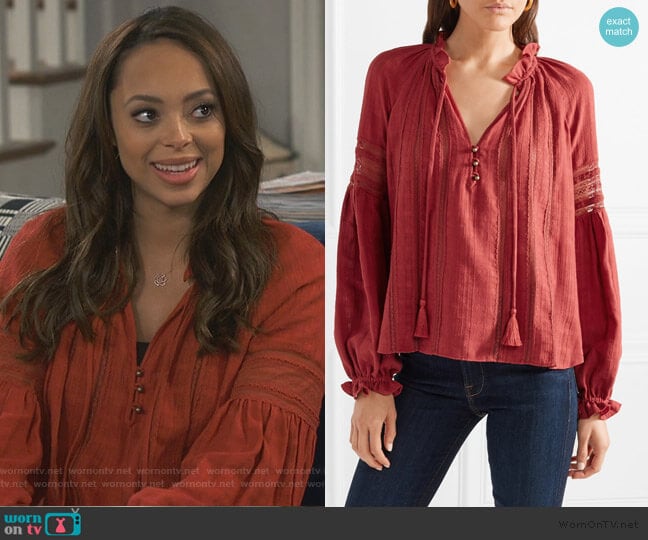 Veronica Beard Kalina lace-trimmed cotton blouse worn by Claire (Amber Stevens West) on Happy Together