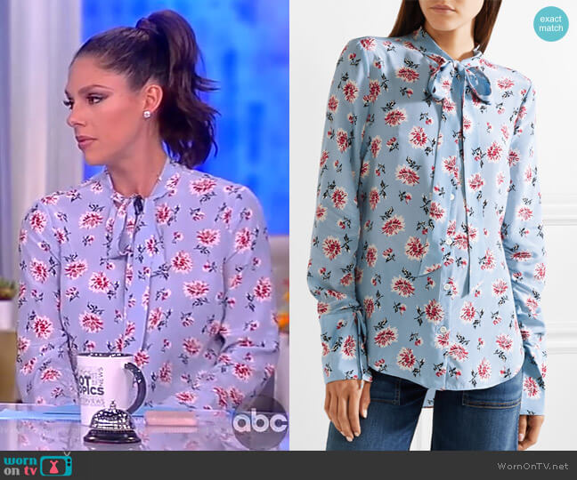 Veronica Beard Remi pussy-bow floral-print silk crepe de chine top worn by Abby Huntsman on The View