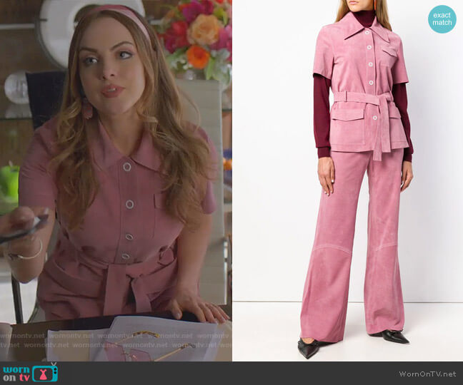 Victoria Beckham Suede Button-Front Belted Safari Top worn by Fallon Carrington (Elizabeth Gillies) on Dynasty