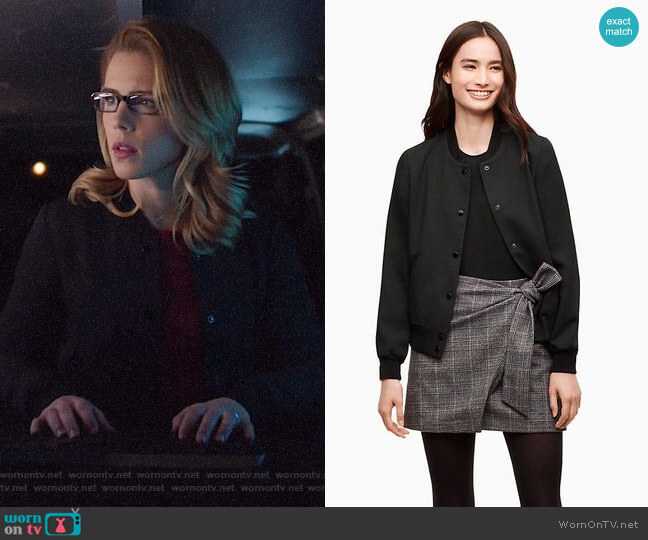 Wilfred Poussin Bomber Jacket in Black worn by Felicity Smoak (Emily Bett Rickards) on Arrow