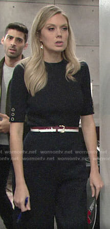 Abby’s navy belted jumpsuit on The Young and the Restless