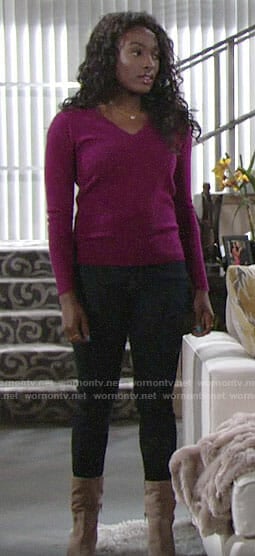 Ana’s magenta v-neck sweater and boots on The Young and the Restless